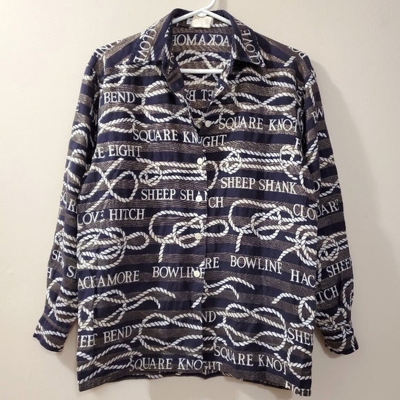 Vintage Jaeger Linen Blend Metallic Stripe Nautical Knots Blouse - Picture 1 of 6